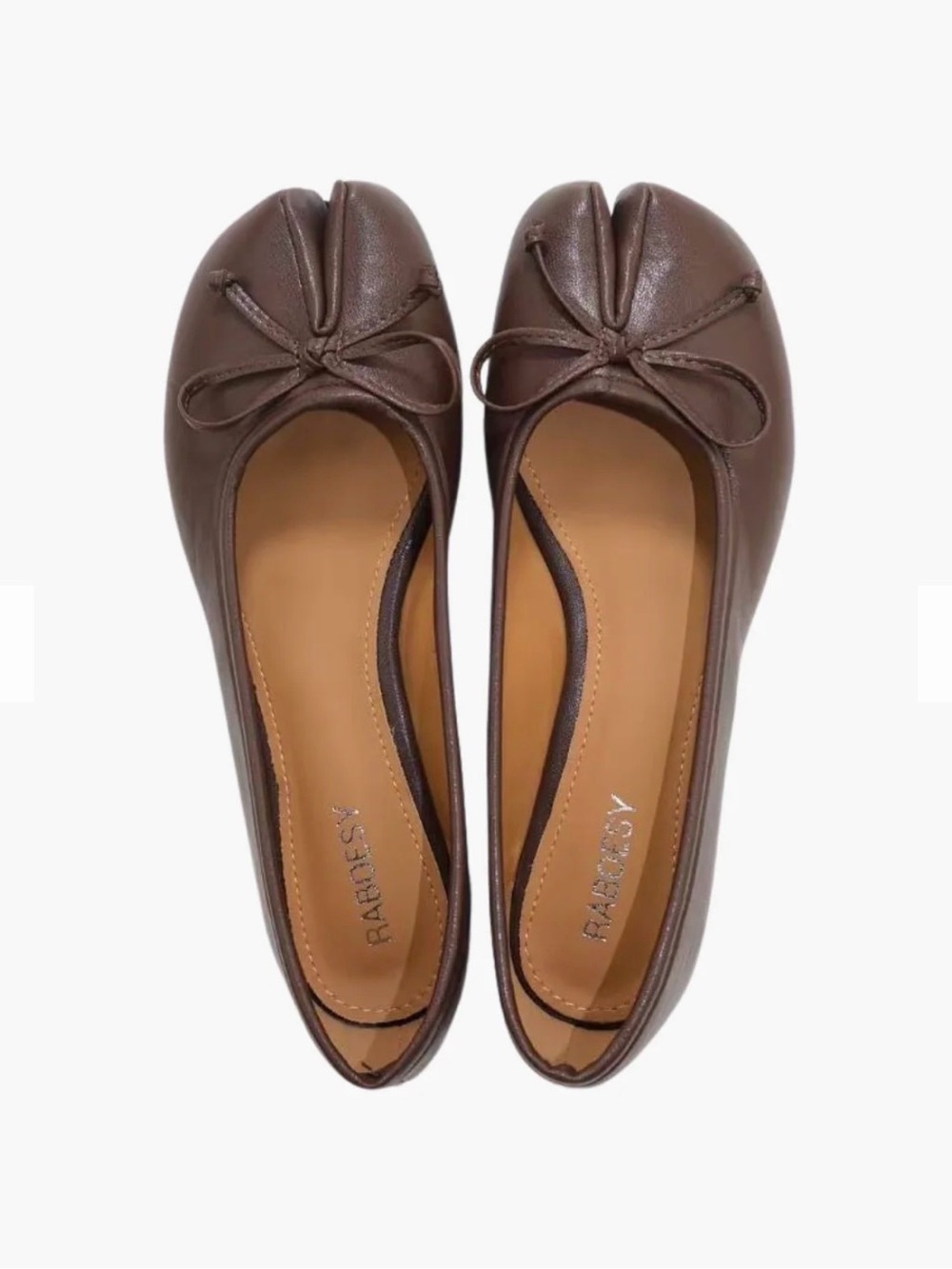 Rabbosy Brown Leather Bow Tie Ballet Flats